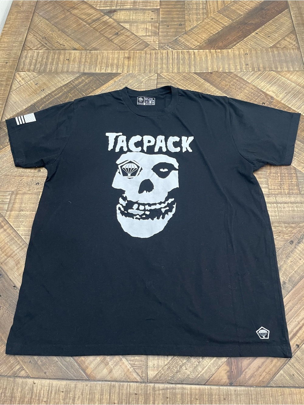 TacPack Survival Gear Men's Black T-Shirt featuring a Crimson Ghost skull logo